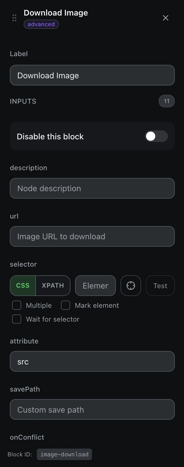 The Download Image block’s settings panel in the workflow editor.