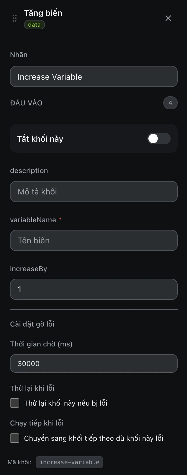 Bảng cấu hình của khối Tăng biến trong trình soạn workflow.