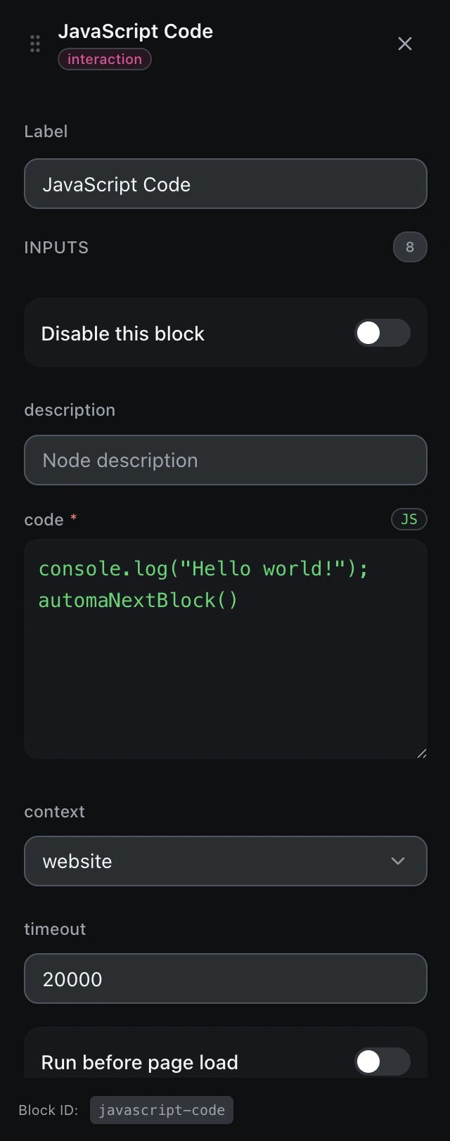 The JavaScript Code block’s settings panel in the workflow editor.