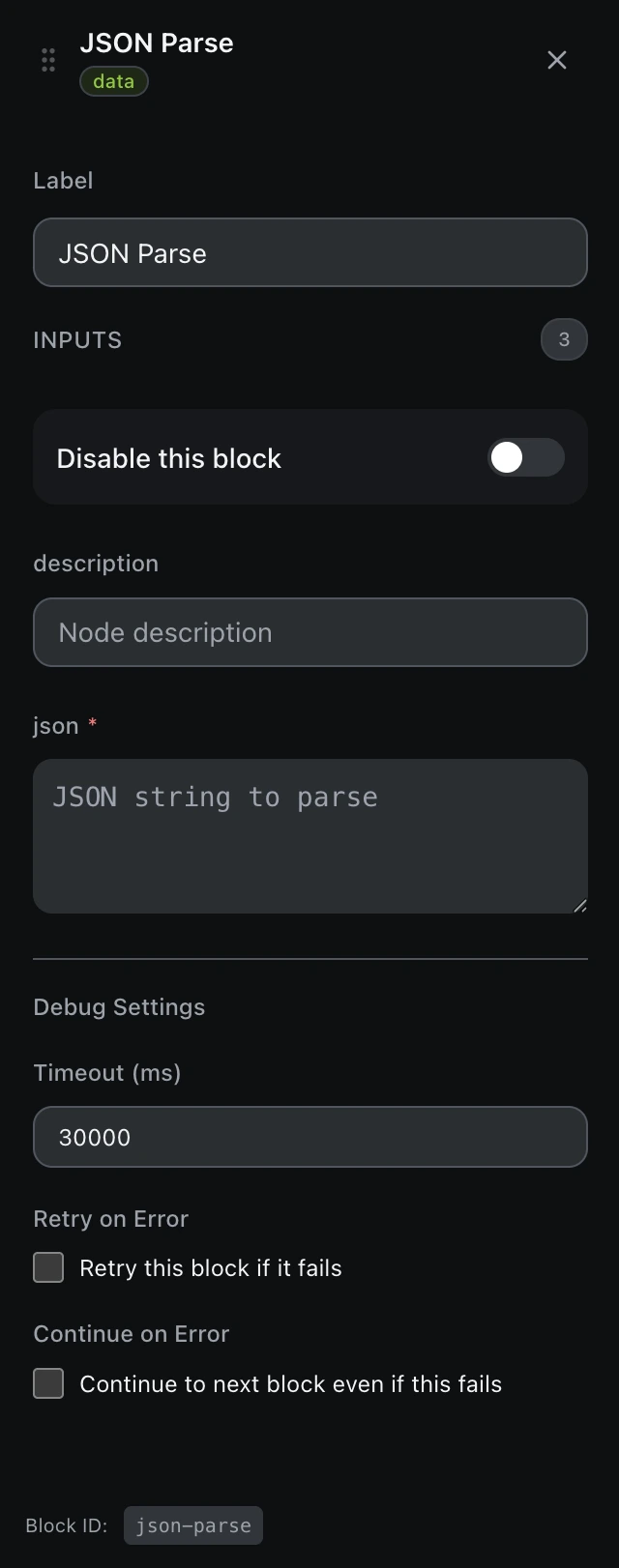 The JSON Parse block’s settings panel in the workflow editor.
