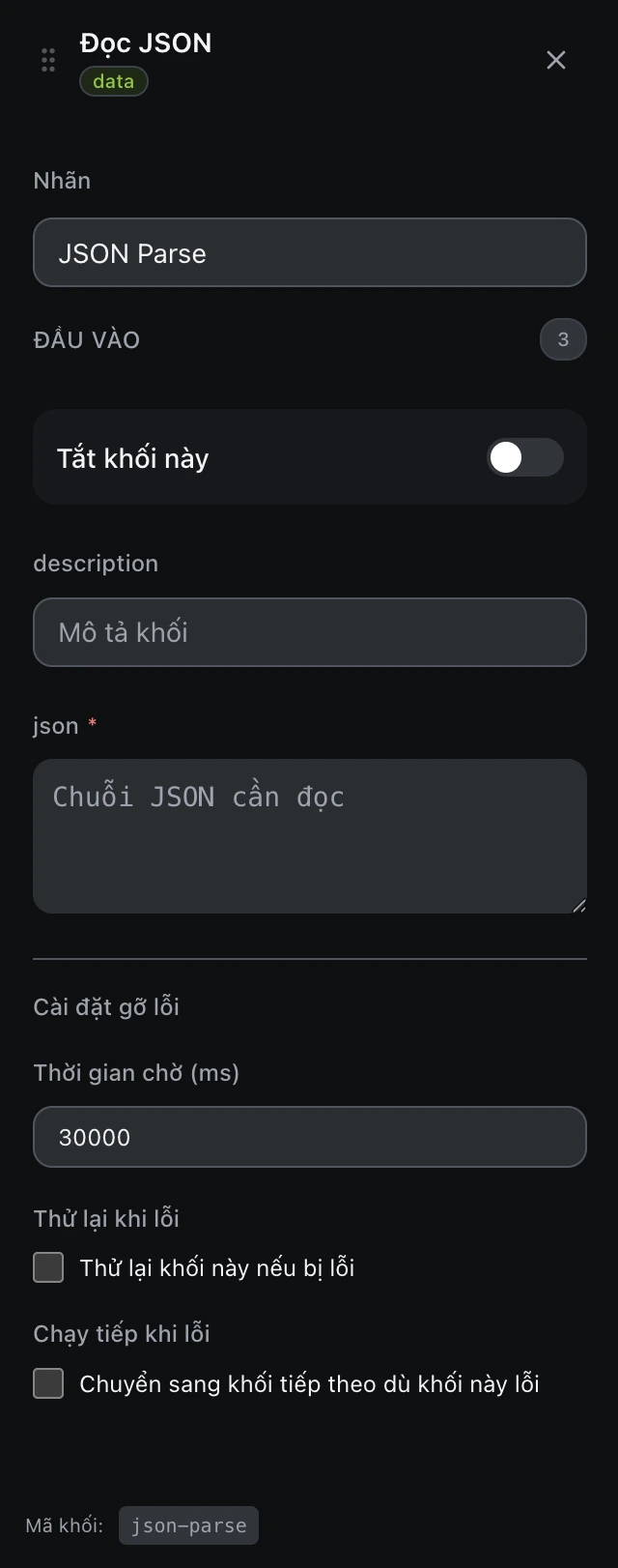 Bảng cấu hình của khối Đọc JSON trong trình soạn workflow.