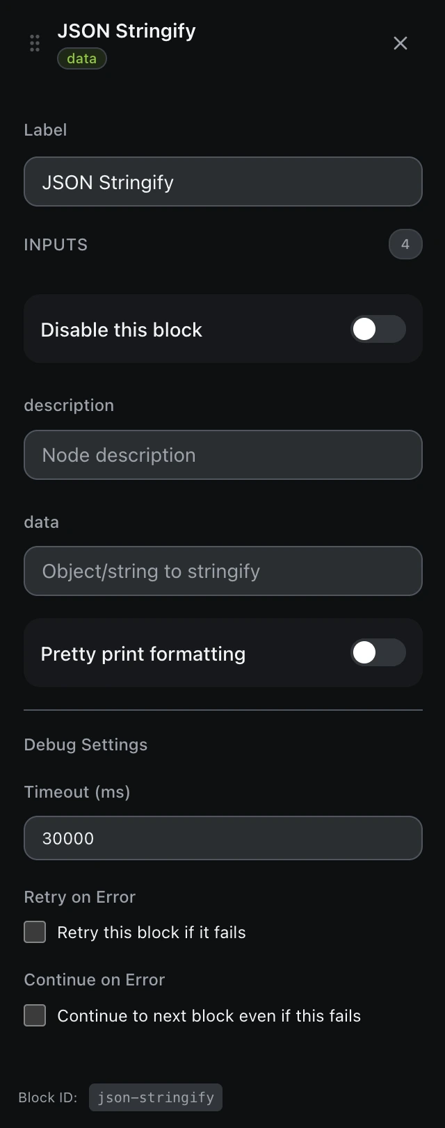 The JSON Stringify block’s settings panel in the workflow editor.