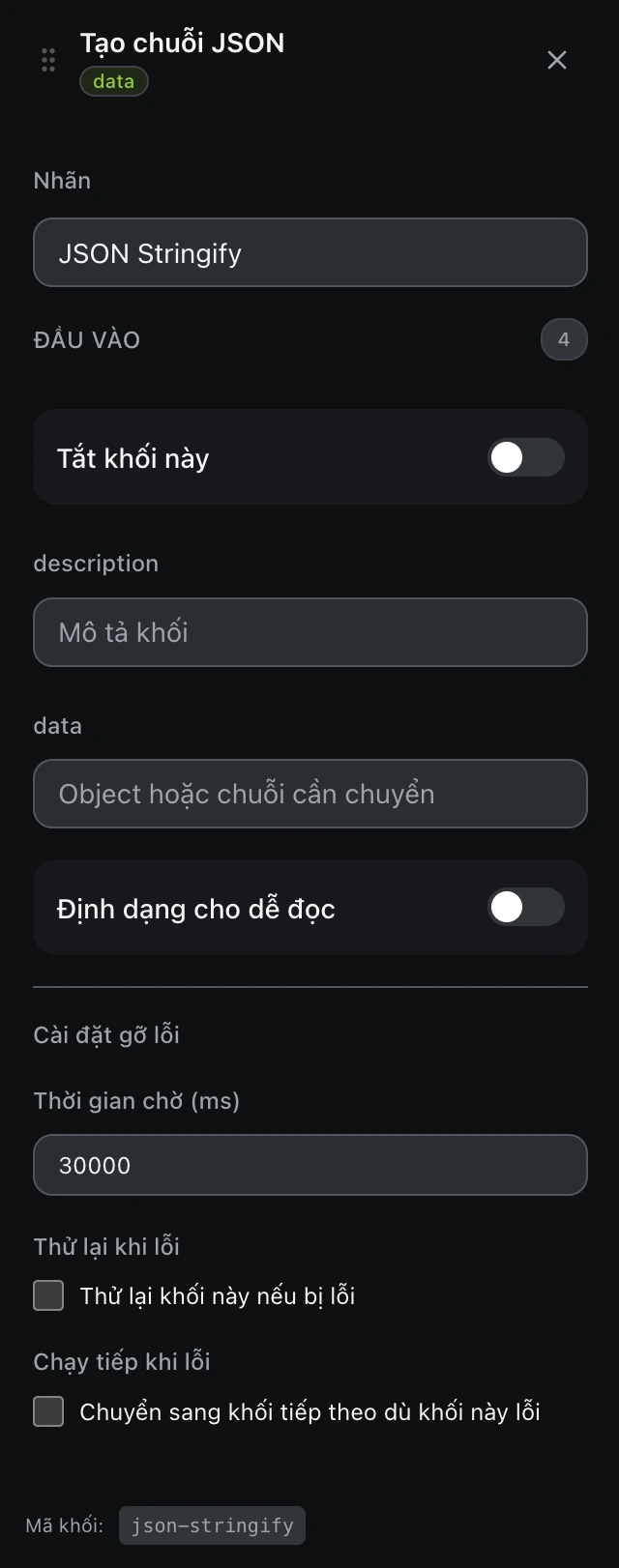 Bảng cấu hình của khối Tạo chuỗi JSON trong trình soạn workflow.
