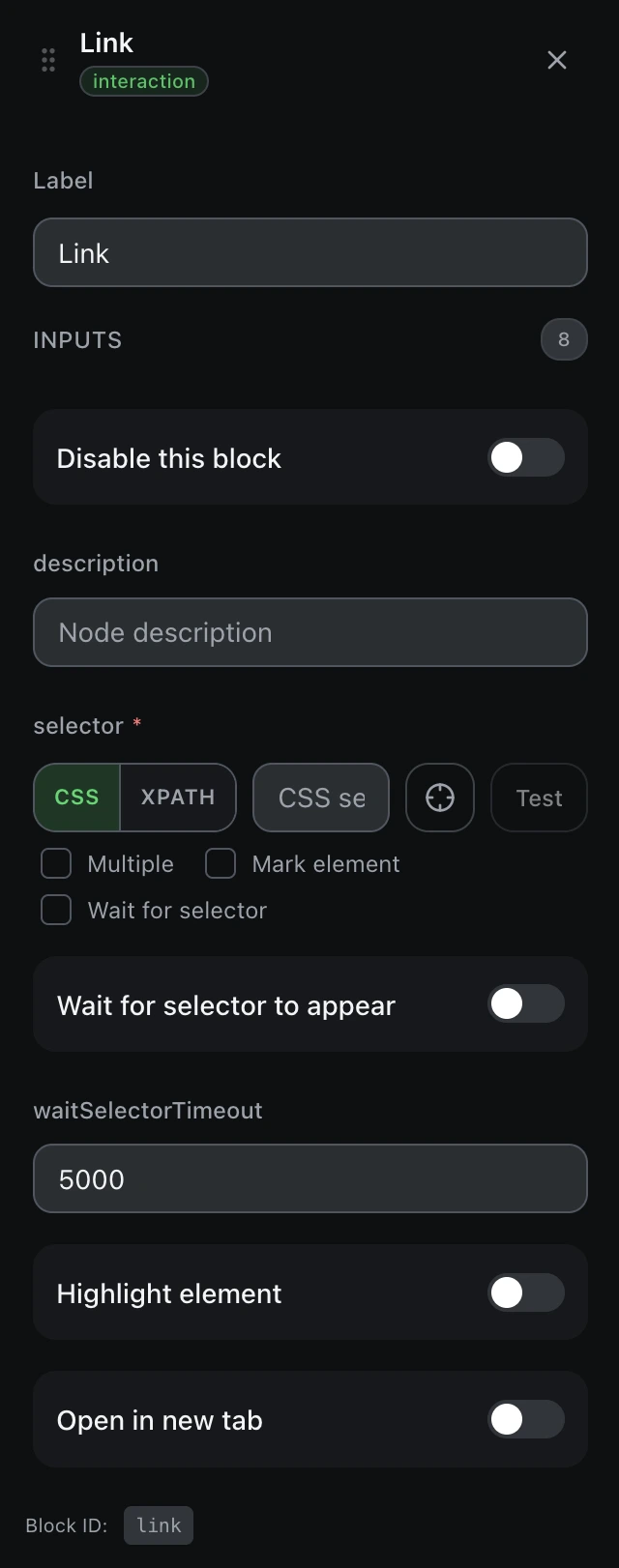 The Link block’s settings panel in the workflow editor.