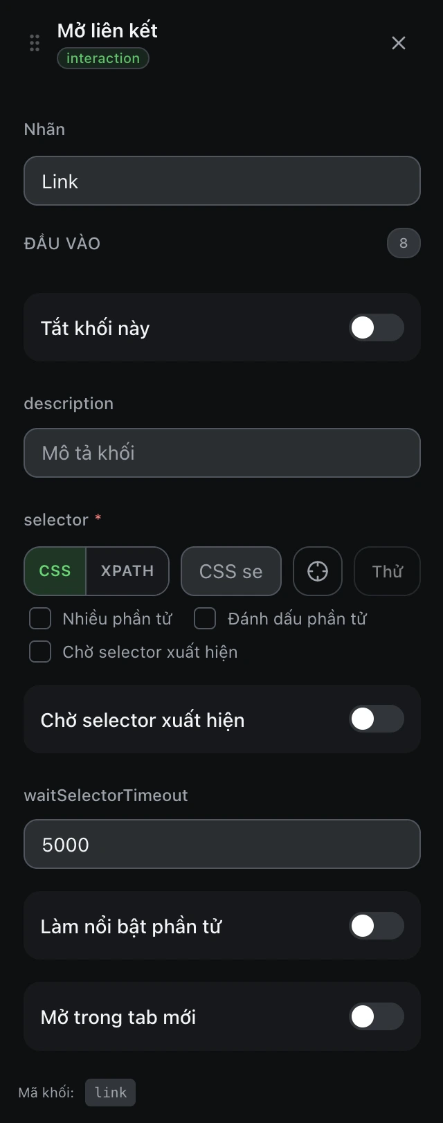 Bảng cấu hình của khối Mở liên kết trong trình soạn workflow.
