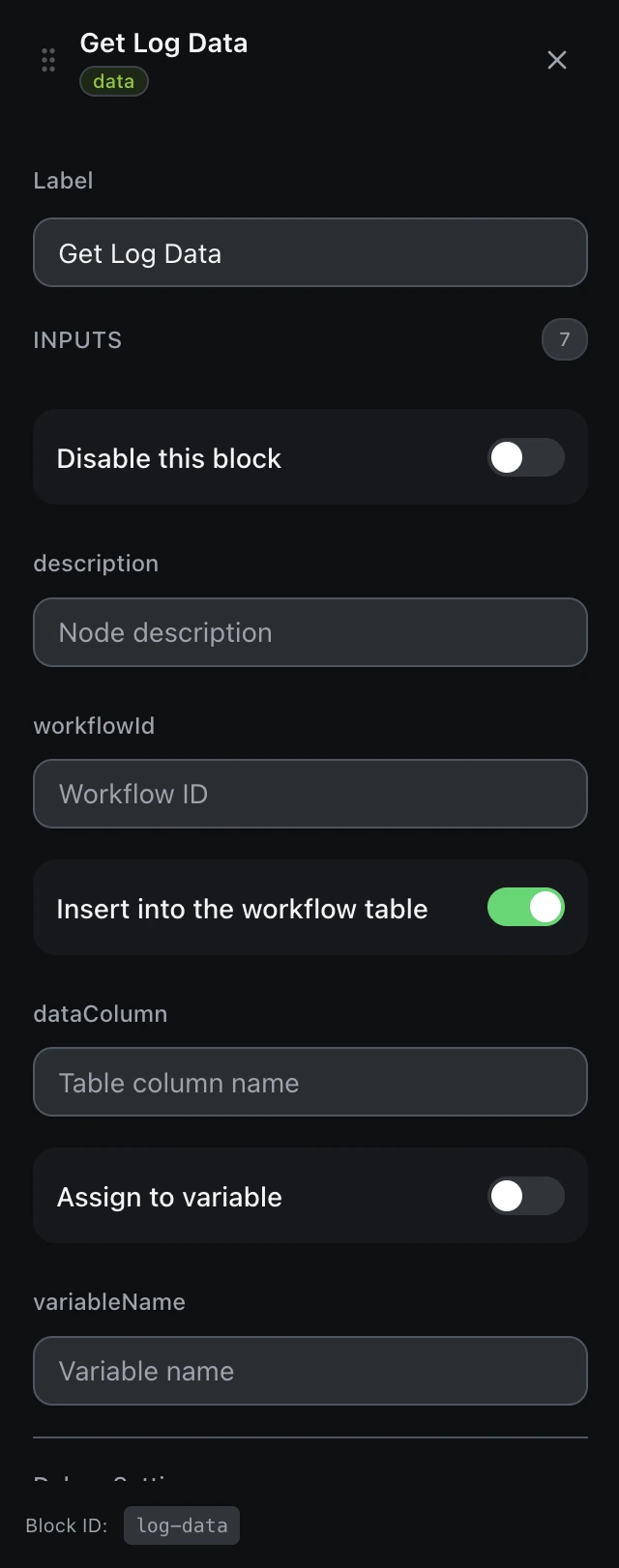 The Get Log Data block’s settings panel in the workflow editor.