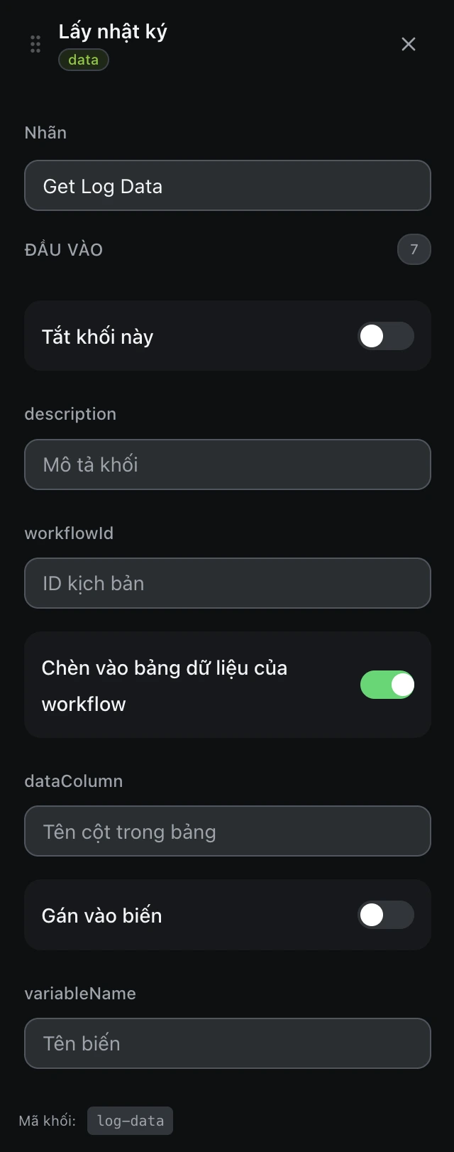 Bảng cấu hình của khối Lấy nhật ký trong trình soạn workflow.