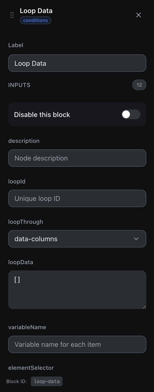 The Loop Data block’s settings panel in the workflow editor.