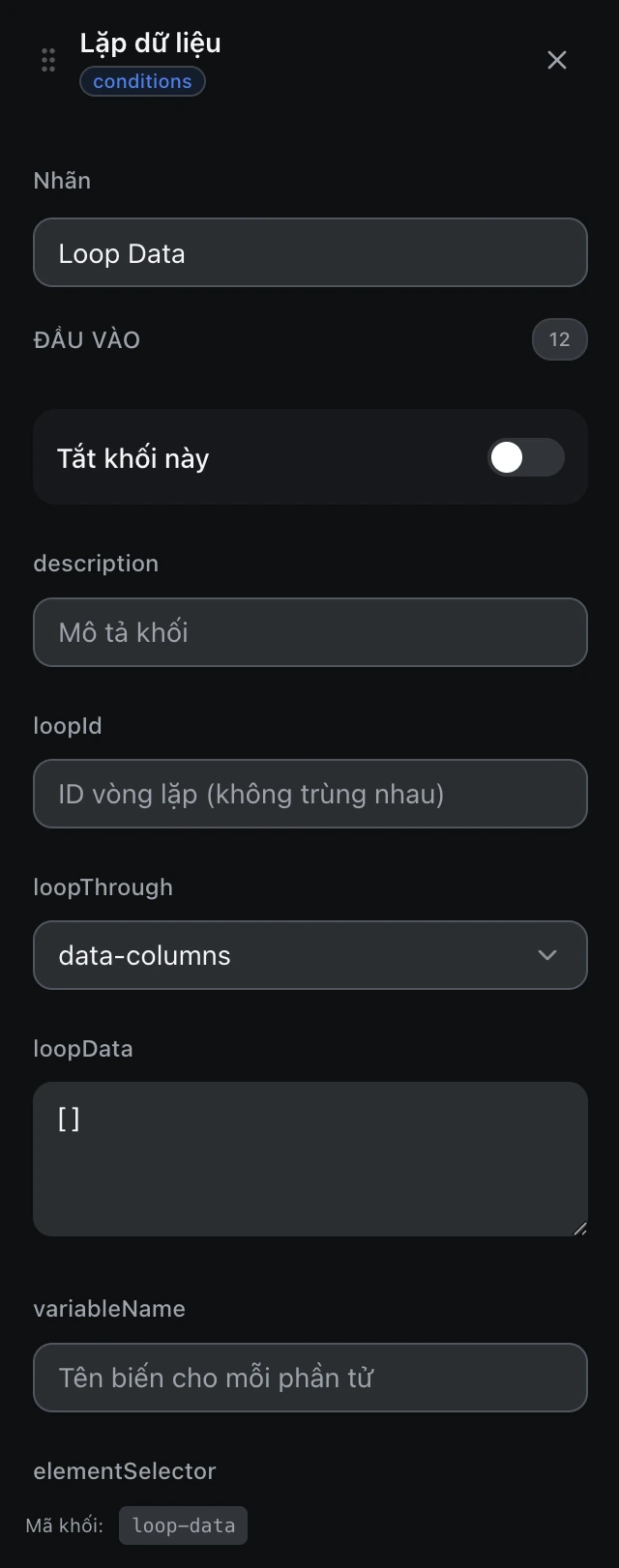 Bảng cấu hình của khối Lặp dữ liệu trong trình soạn workflow.