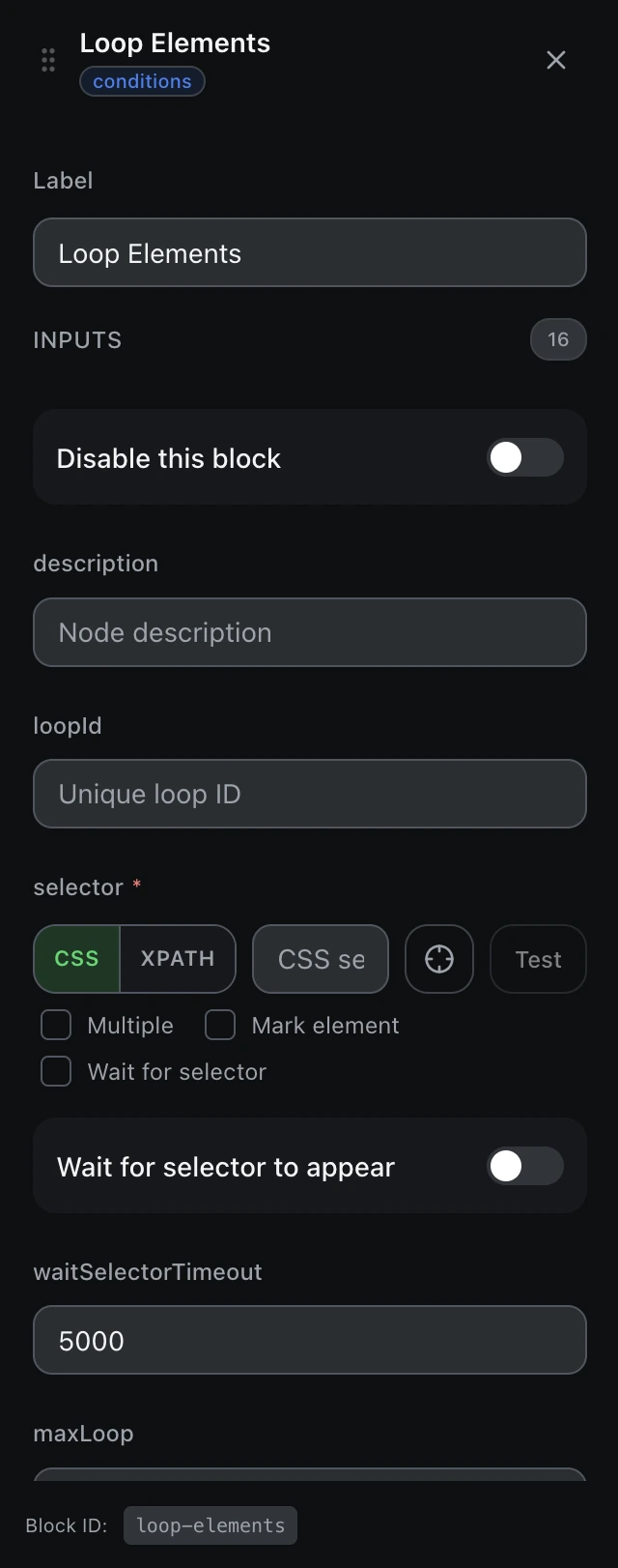 The Loop Elements block’s settings panel in the workflow editor.