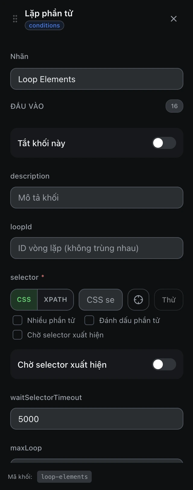 Bảng cấu hình của khối Lặp phần tử trong trình soạn workflow.