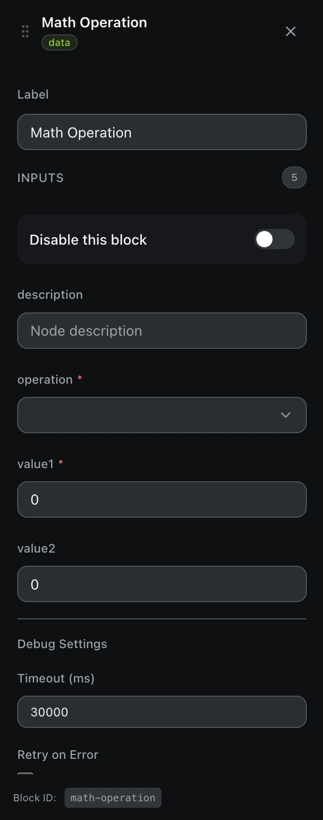 The Math Operation block’s settings panel in the workflow editor.