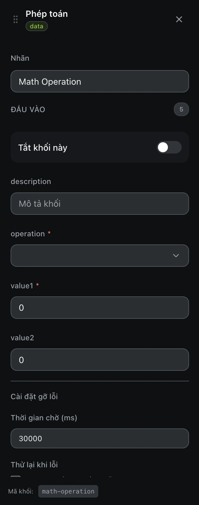 Bảng cấu hình của khối Phép toán trong trình soạn workflow.