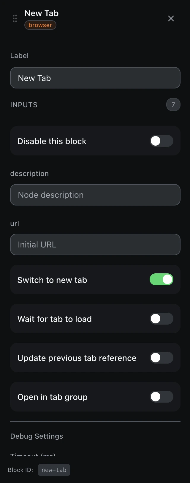 The New Tab block’s settings panel in the workflow editor.