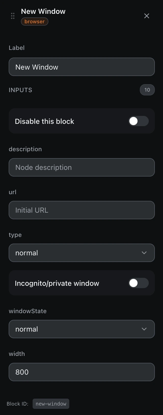 The New Window block’s settings panel in the workflow editor.