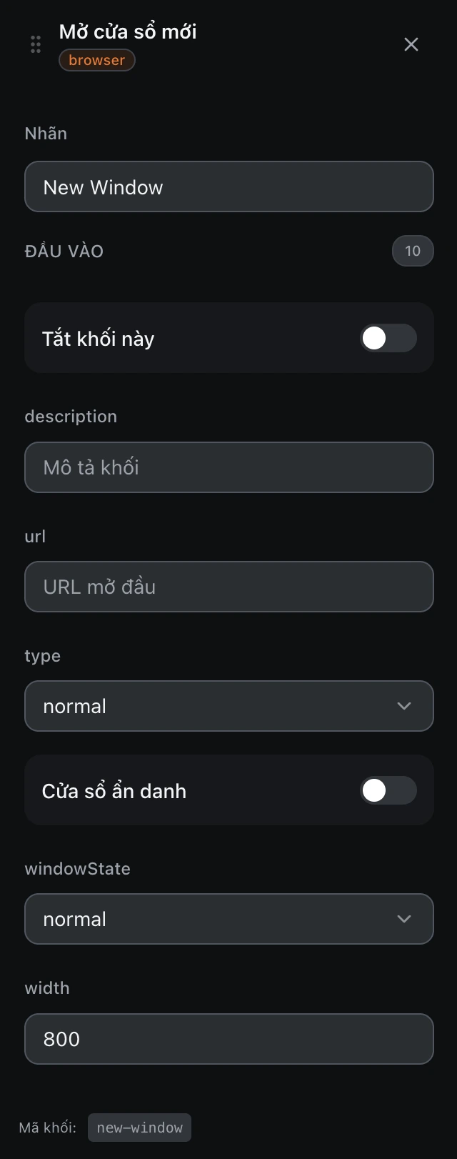 Bảng cấu hình của khối Mở cửa sổ mới trong trình soạn workflow.