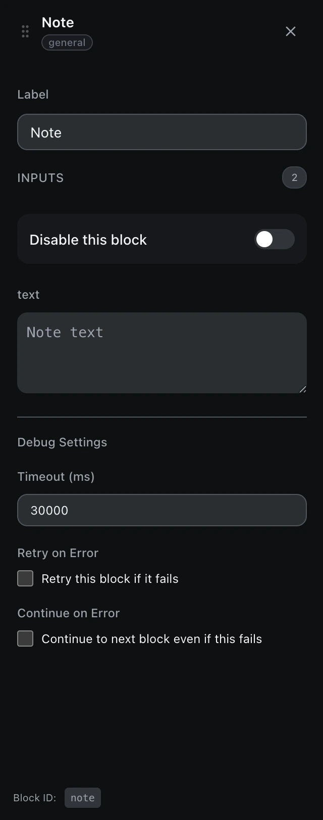 The Note block’s settings panel in the workflow editor.