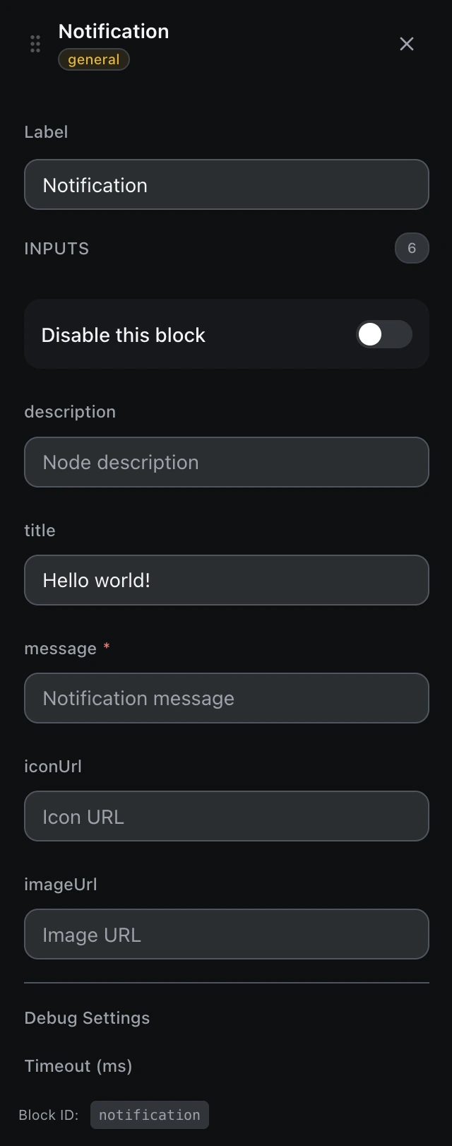 The Notification block’s settings panel in the workflow editor.