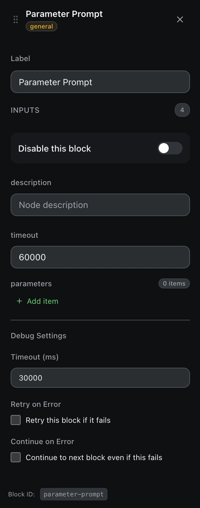 The Parameter Prompt block’s settings panel in the workflow editor.