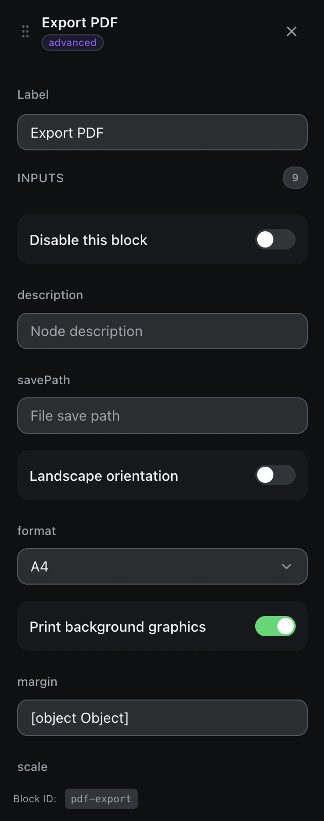 The Export PDF block’s settings panel in the workflow editor.