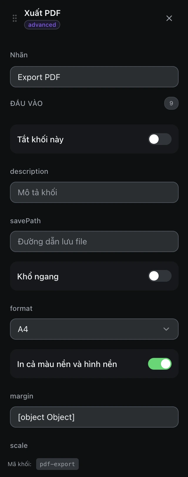Bảng cấu hình của khối Xuất PDF trong trình soạn workflow.
