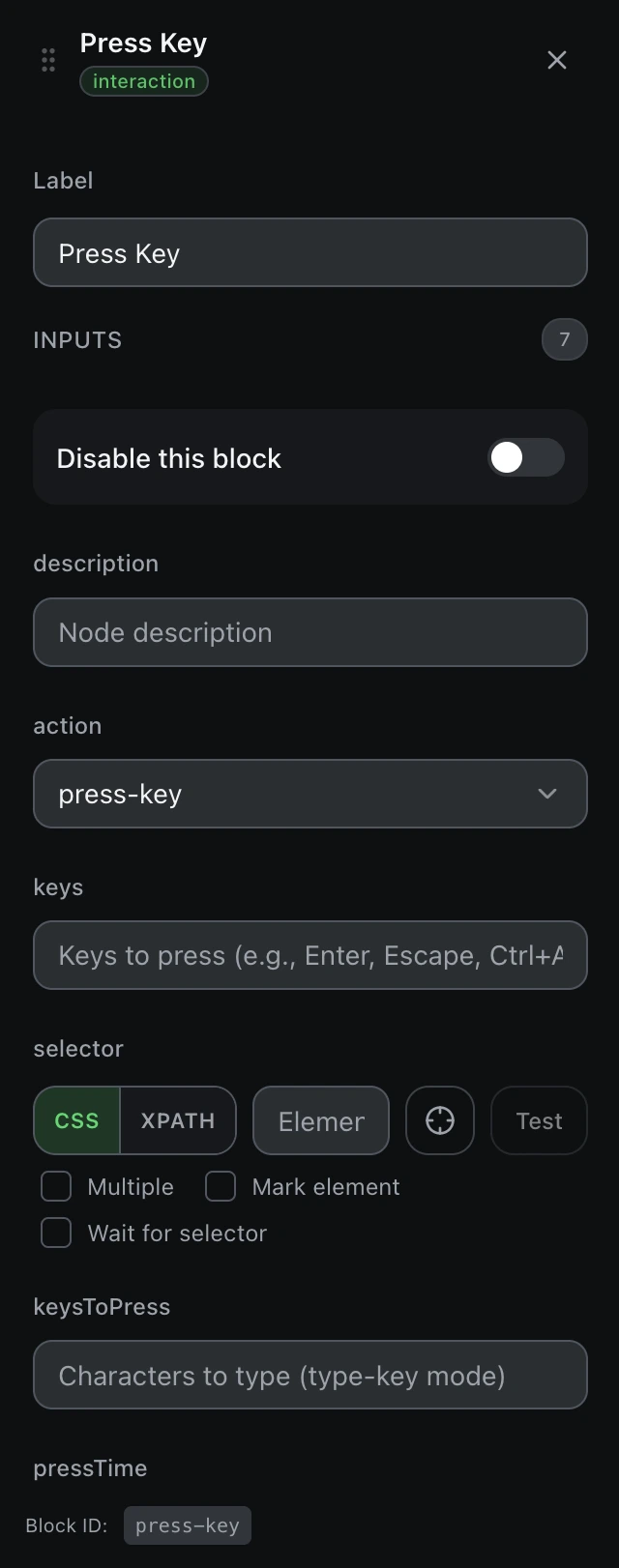 The Press Key block’s settings panel in the workflow editor.