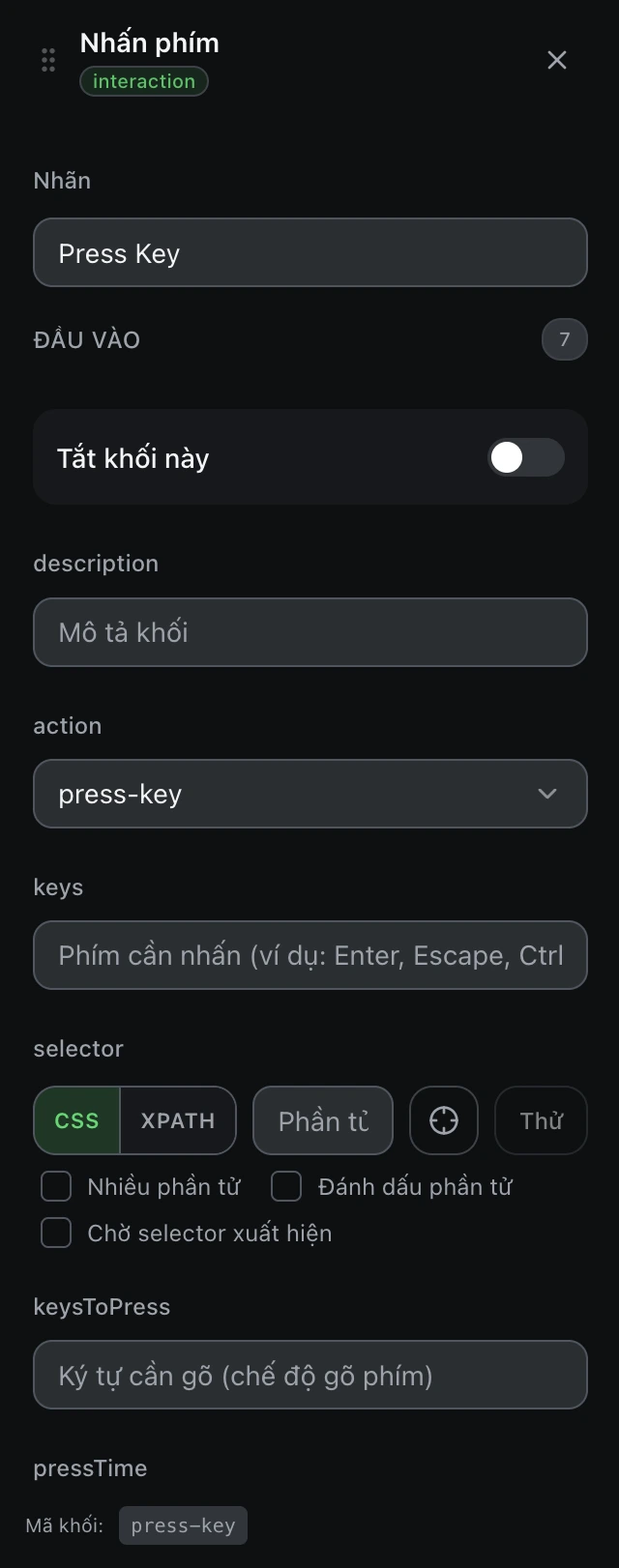 Bảng cấu hình của khối Nhấn phím trong trình soạn workflow.