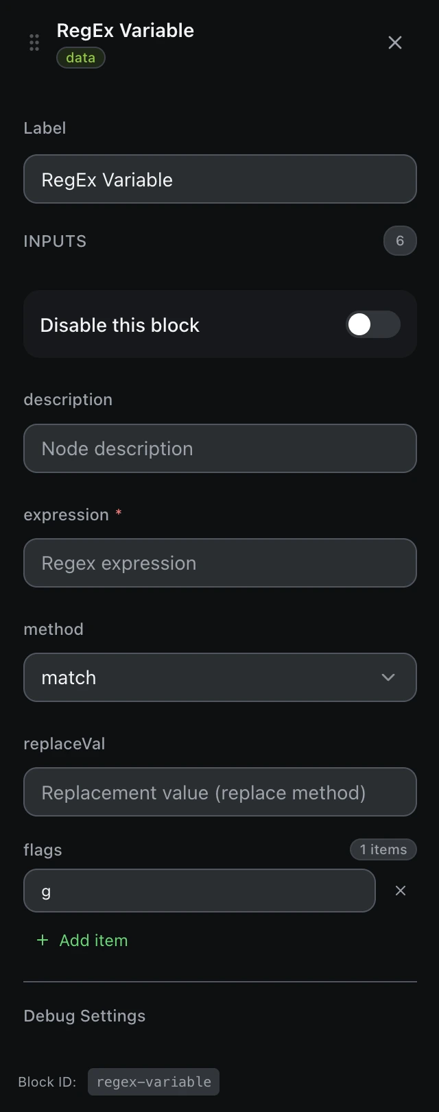 The RegEx Variable block’s settings panel in the workflow editor.