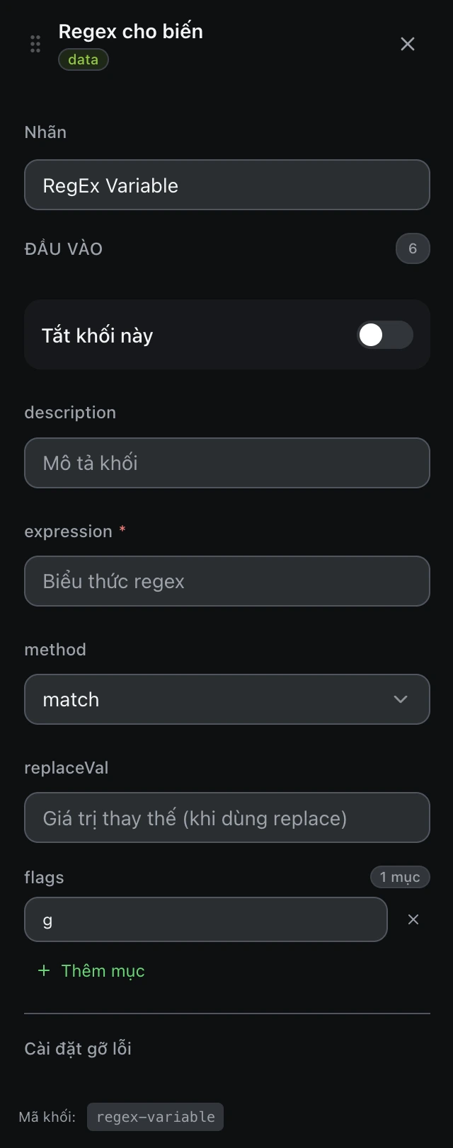 Bảng cấu hình của khối Regex cho biến trong trình soạn workflow.