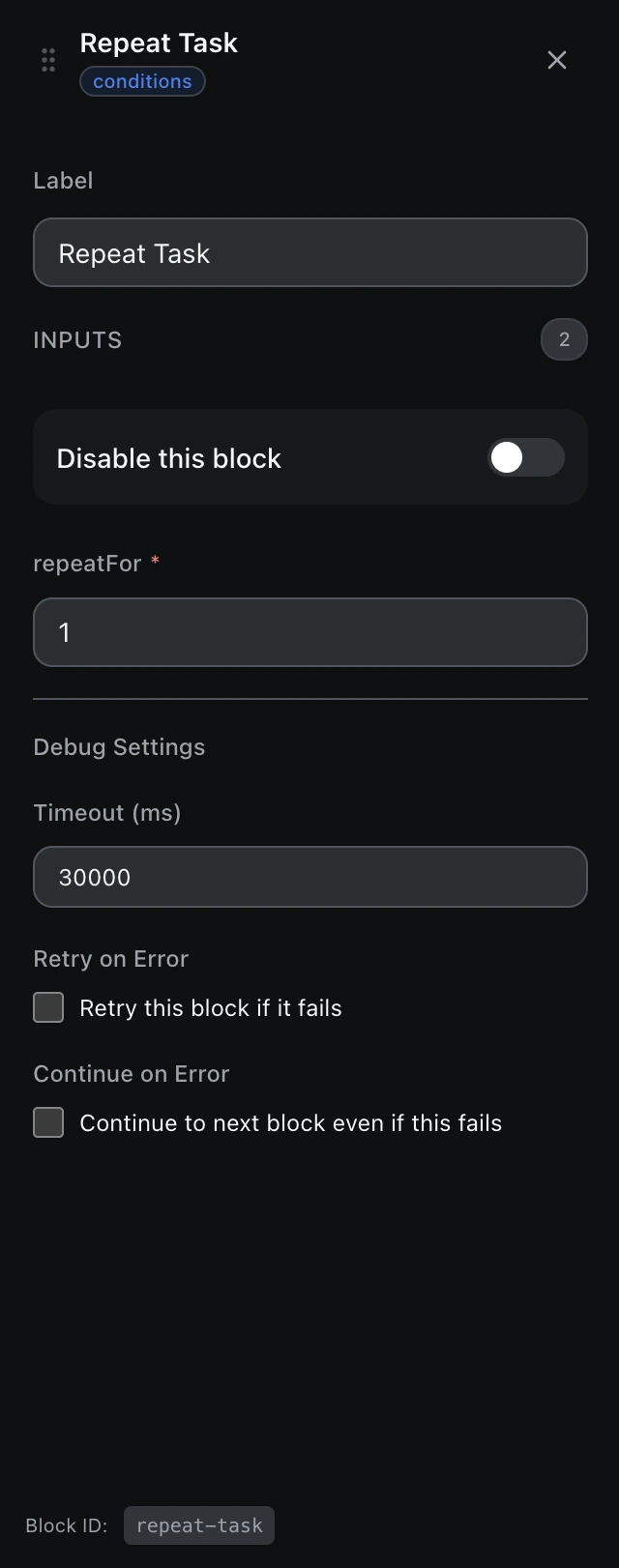 The Repeat Task block’s settings panel in the workflow editor.