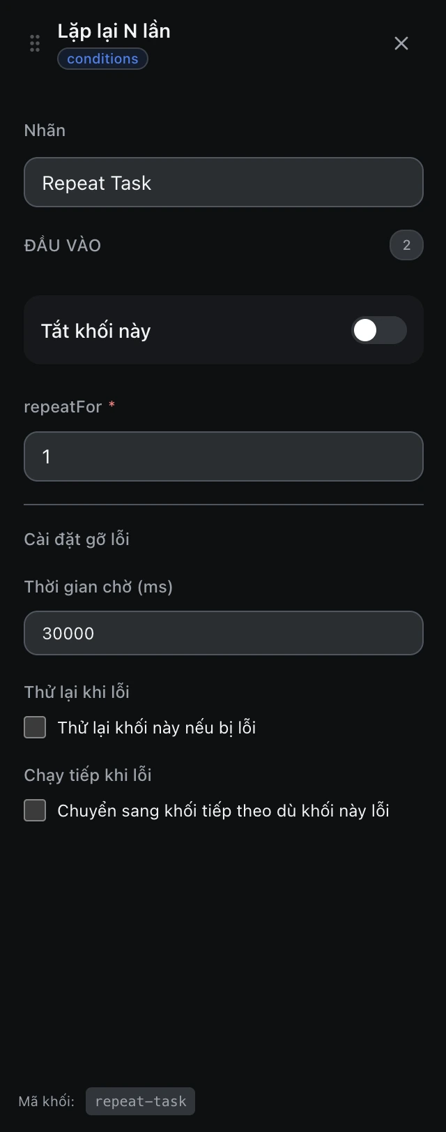 Bảng cấu hình của khối Lặp lại N lần trong trình soạn workflow.