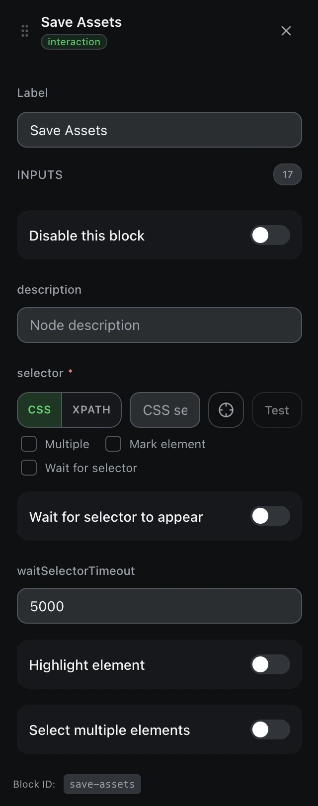 The Save Assets block’s settings panel in the workflow editor.
