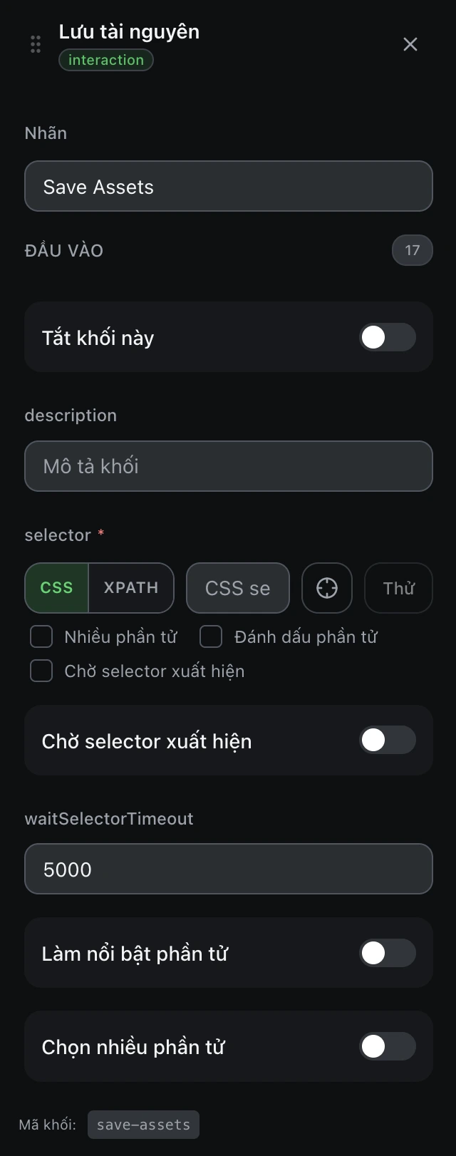 Bảng cấu hình của khối Lưu tài nguyên trong trình soạn workflow.