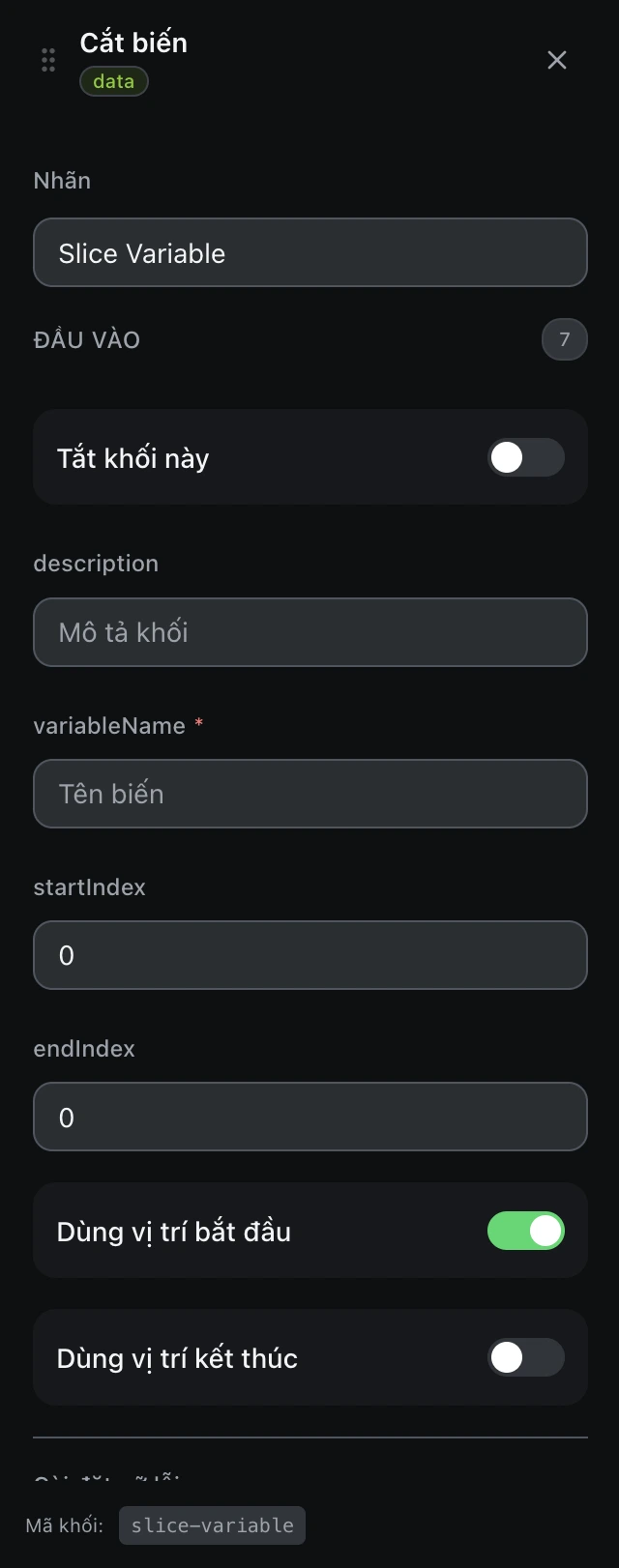 Bảng cấu hình của khối Cắt biến trong trình soạn workflow.