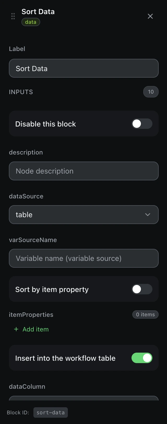 The Sort Data block’s settings panel in the workflow editor.