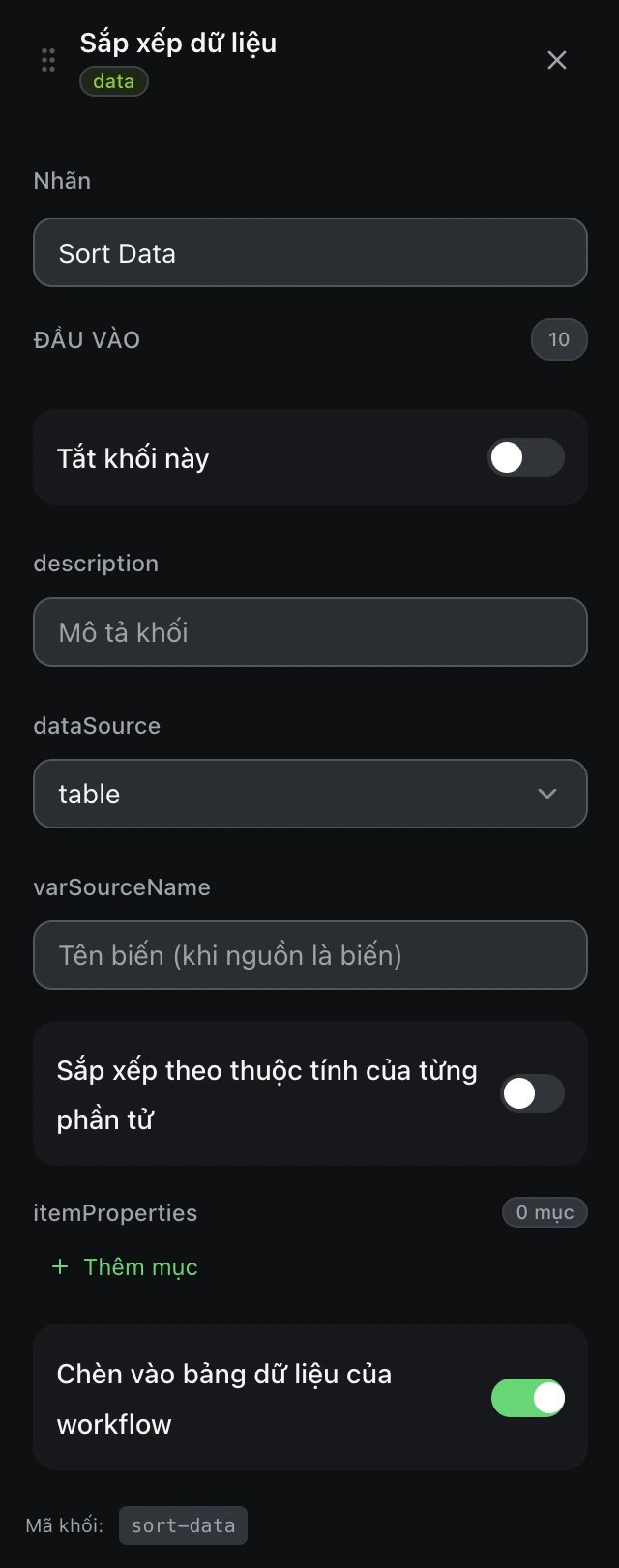 Bảng cấu hình của khối Sắp xếp dữ liệu trong trình soạn workflow.