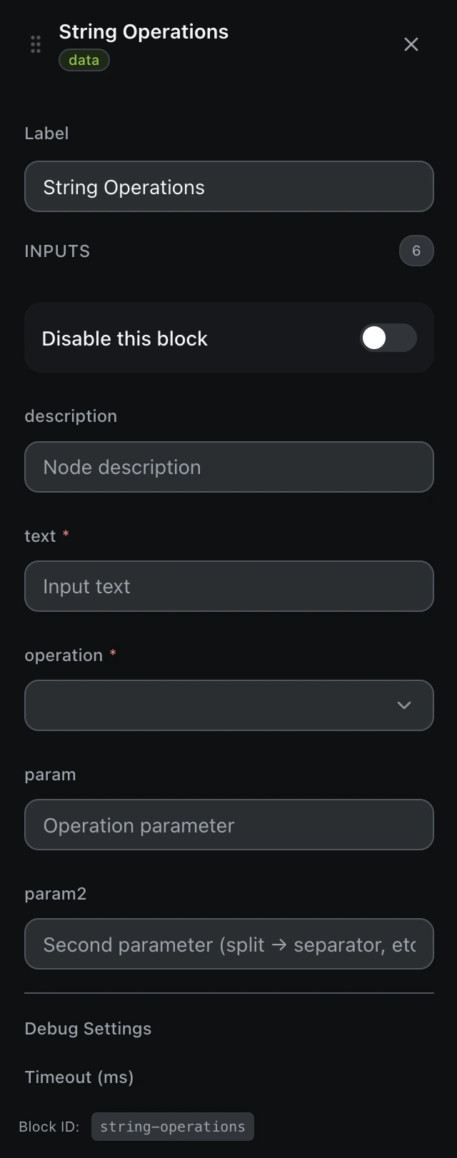 The String Operations block’s settings panel in the workflow editor.