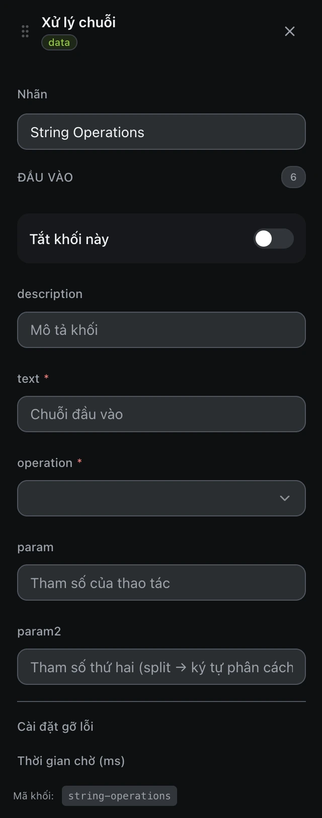 Bảng cấu hình của khối Xử lý chuỗi trong trình soạn workflow.