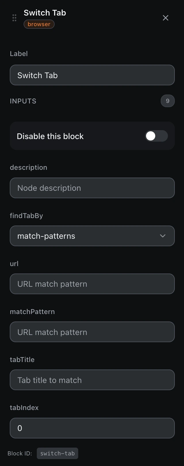 The Switch Tab block’s settings panel in the workflow editor.