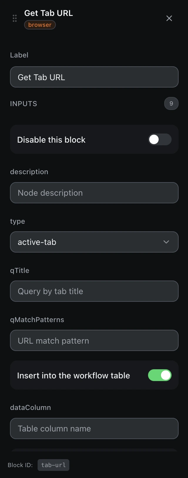 The Get Tab URL block’s settings panel in the workflow editor.
