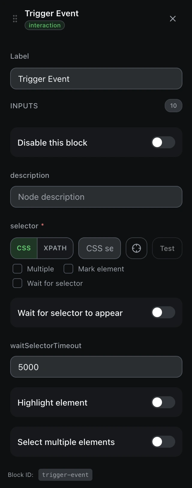 The Trigger Event block’s settings panel in the workflow editor.