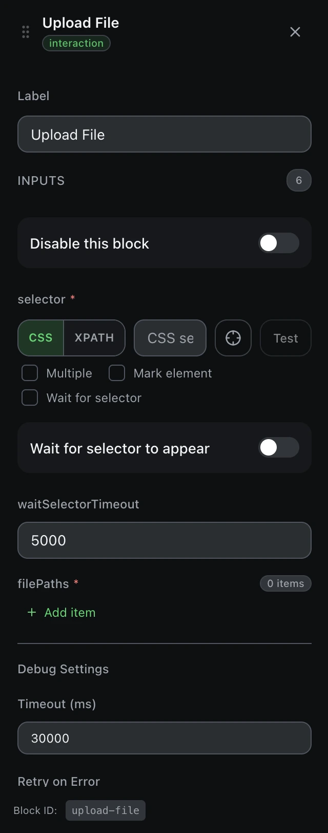 The Upload File block’s settings panel in the workflow editor.