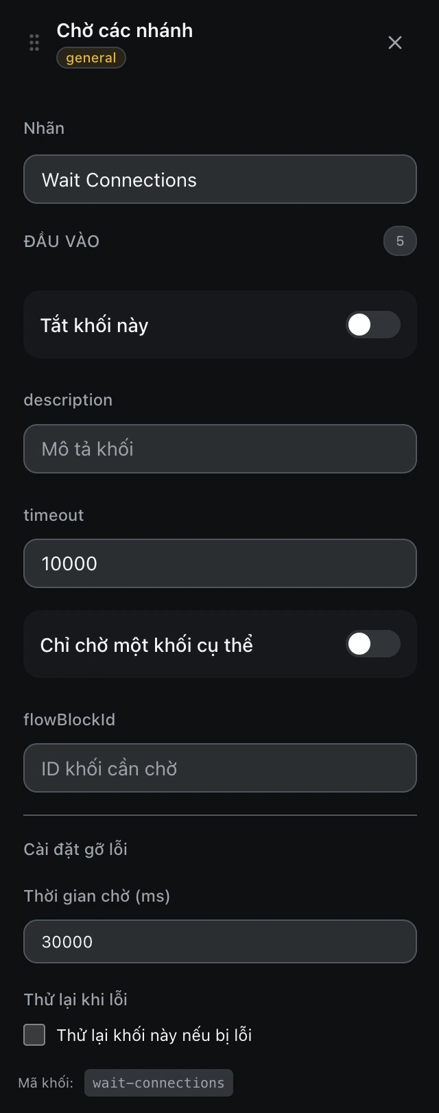 Bảng cấu hình của khối Chờ các nhánh trong trình soạn workflow.