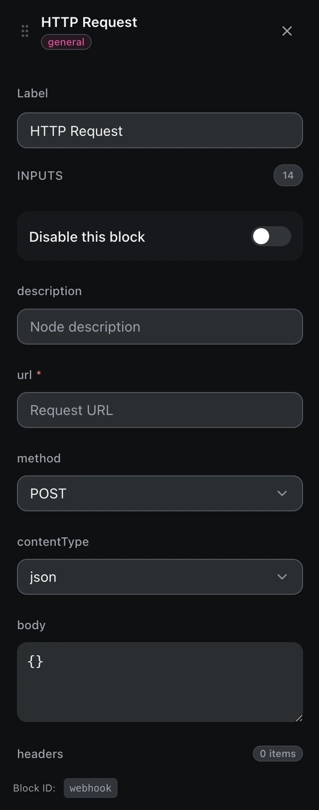 The HTTP Request block’s settings panel in the workflow editor.