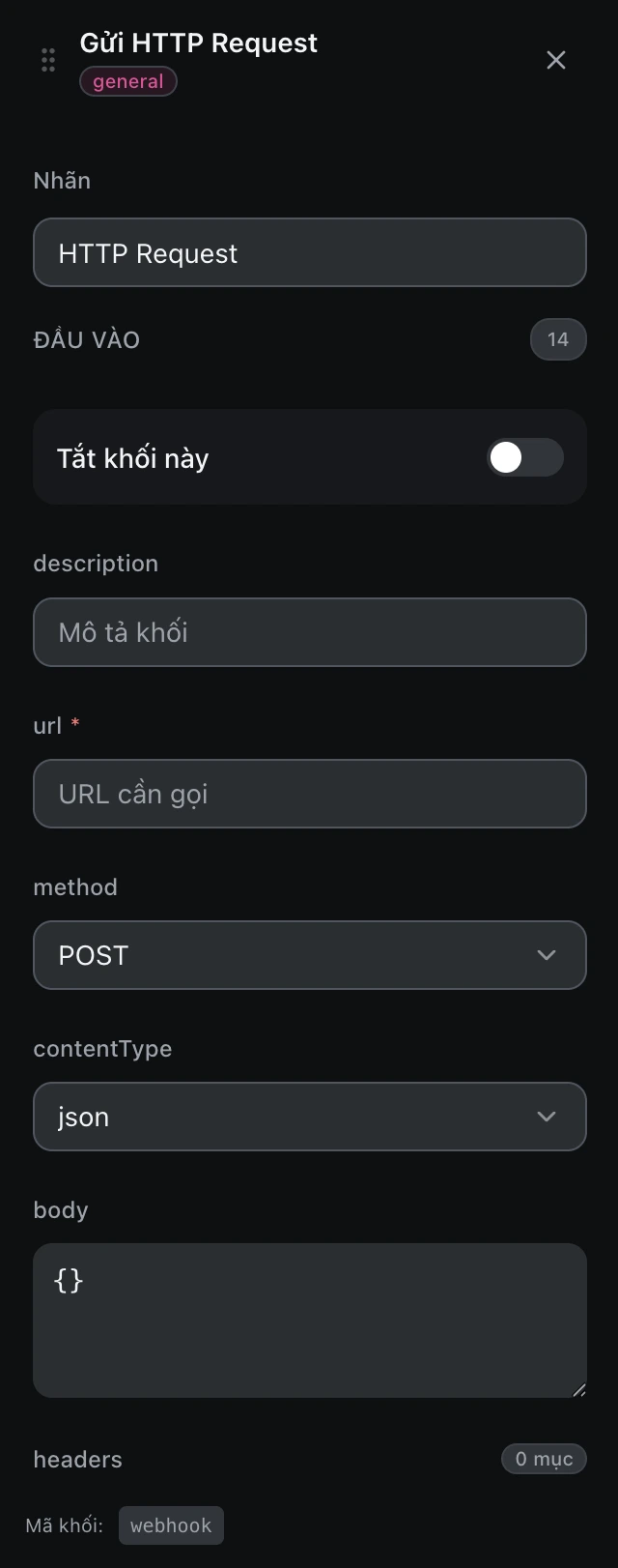 Bảng cấu hình của khối Gửi HTTP Request trong trình soạn workflow.