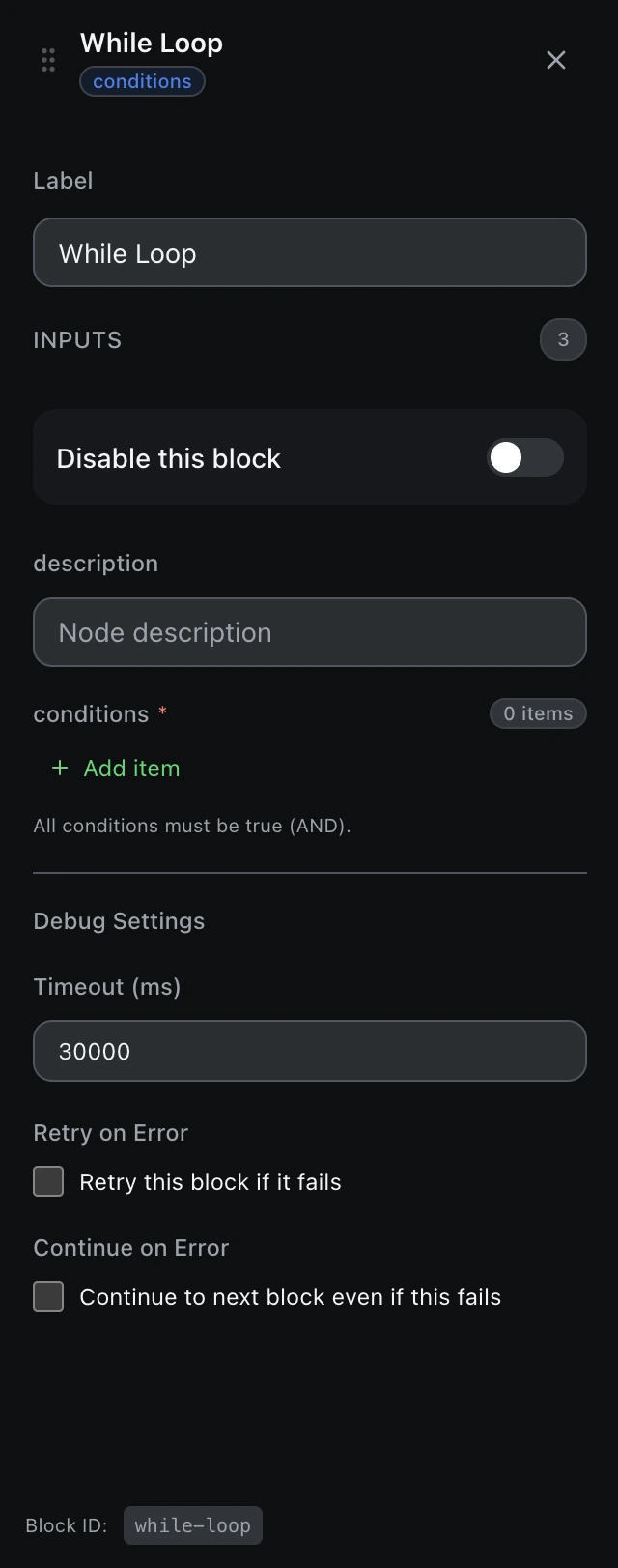 The While Loop block’s settings panel in the workflow editor.