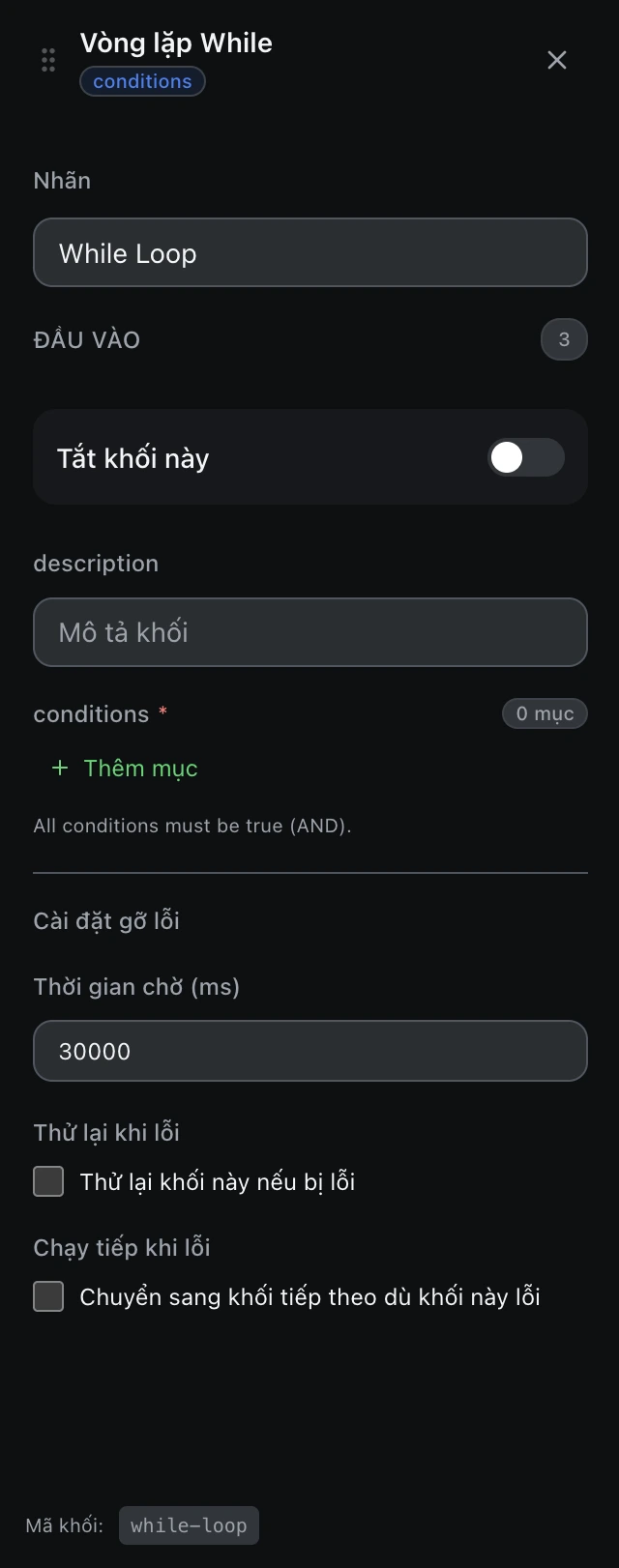 Bảng cấu hình của khối Vòng lặp While trong trình soạn workflow.