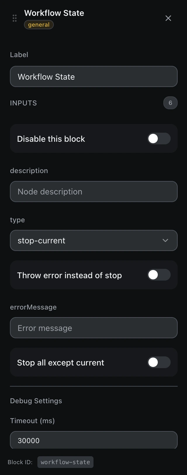 The Workflow State block’s settings panel in the workflow editor.