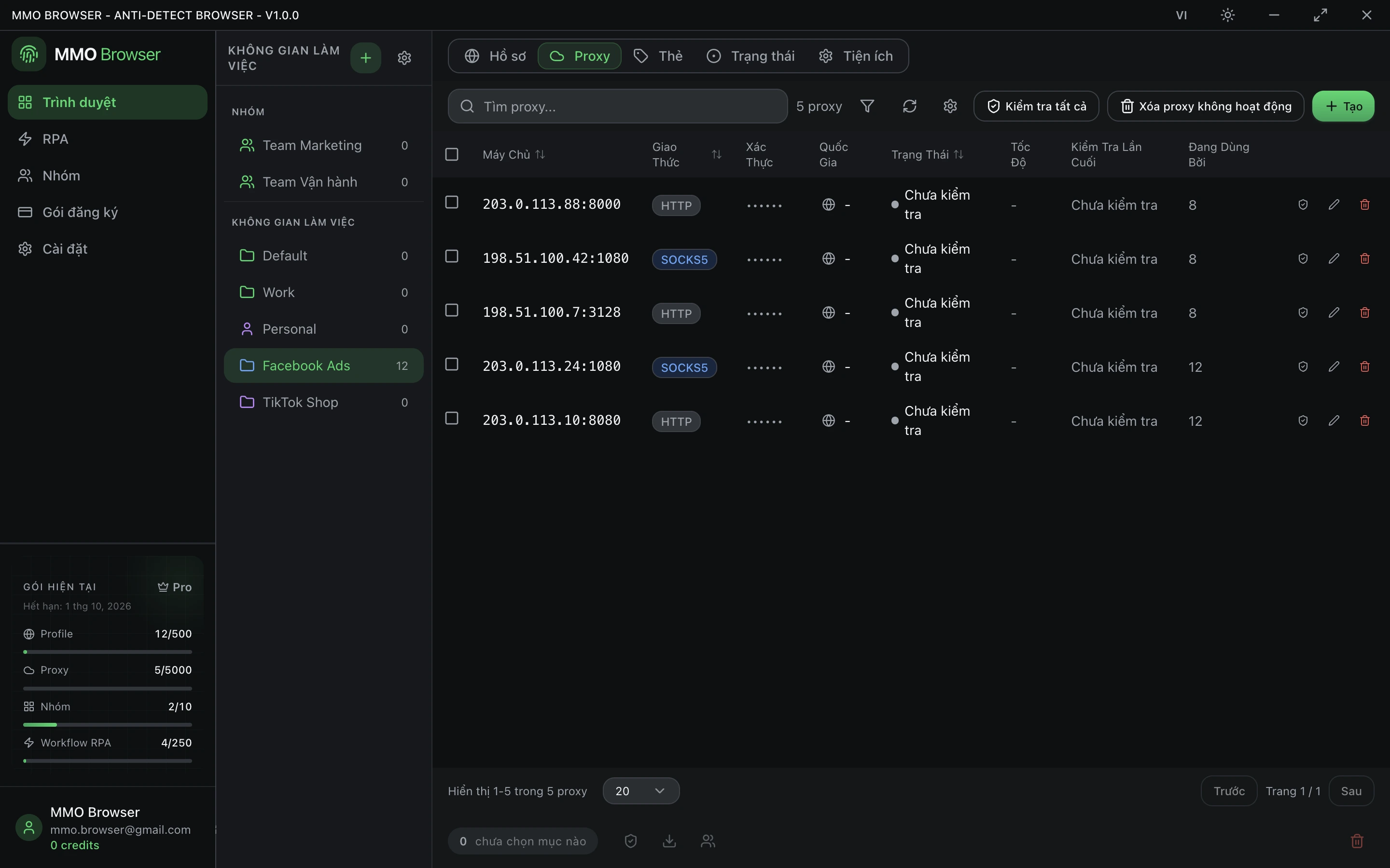 Tab Proxy liệt kê năm proxy kèm giao thức, host, cổng và quốc gia.