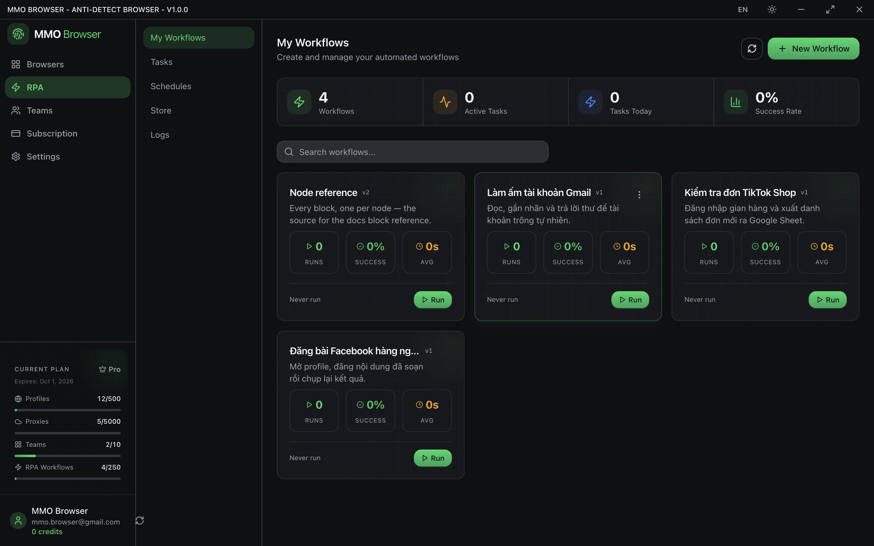The RPA screen listing three saved workflows with their run count and success rate.